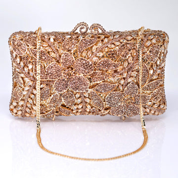 Shinny Golden Bronze Rhinestone Embellished Floral Garden Wedding Clutch, Statement Bag, Evening Wedding Clutch, Cross Body Bag